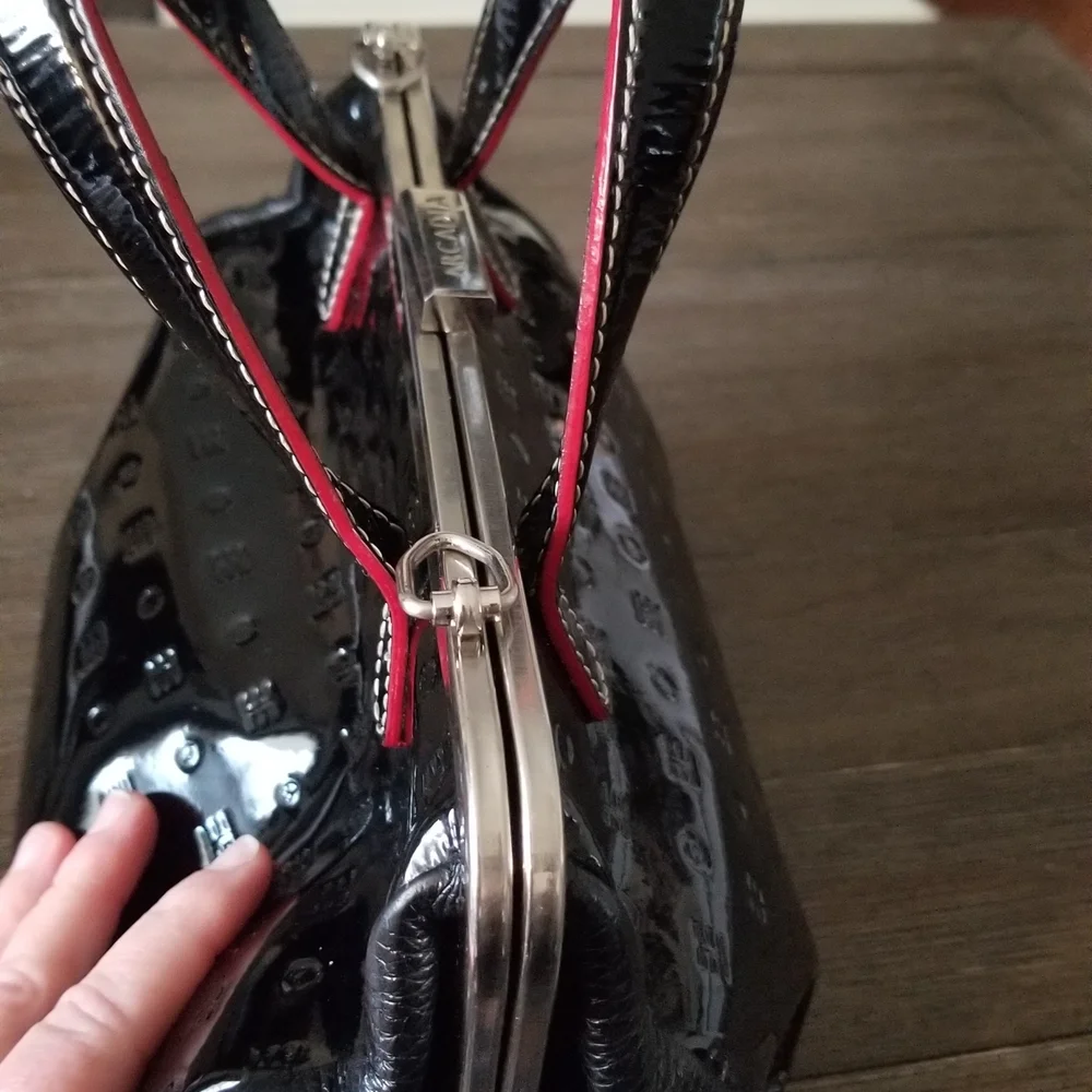 Arcadia Black Patent Leather Satchel with Top Handles & Removable Shoulder Strap